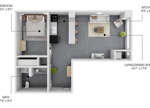 Floor plan for 1 bed, 1 bath, 684 sqft